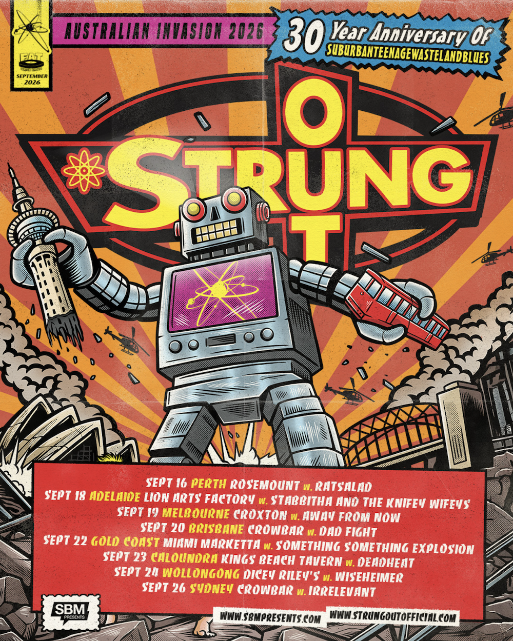 Strung Out Australian Invasion 2026 tour poster with a giant robot illustration celebrating 30 years of Suburban Teenage Wasteland Blues.